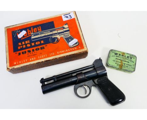 A 0.177 over barrel spring air pistol "Webley Junior model" in its original box with what appears to be the original metal co