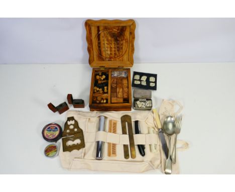 Lot to include a leather clad travelling inkwell and similar vesta case, wooden games compendium, two sets of miniature domin
