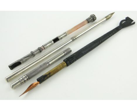 4 various unusual dip pens,
comprising white metal dip pen with agate body and amethyst terminal, plain silver dip pen Birmin