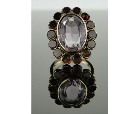 A large Antique amethyst and garnet cluster ring,
setting height 25mm, size N.