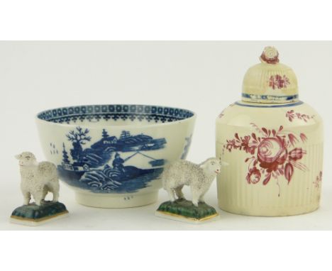 A Creamware tea caddy, 4.5",
a Caughley bowl and a pair of miniature sheep.
