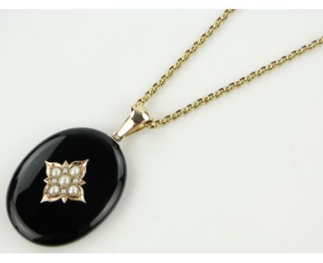 A Victorian black enamel and pearl locket back pendant,
unmarked gold mounts on gold chain, locket height excl. bale 45mm.