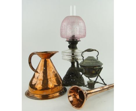 Oil lamp with etched pink shade and chimney,
height 23", a spirit kettle, a copper post horn and a copper ale jug, (4).