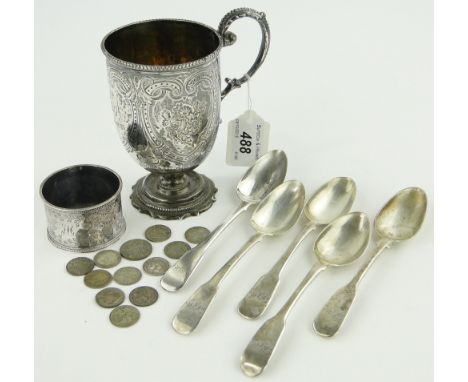 Victorian silver cup on circular foot,
London 1861, together with silver napkin ring, spoons and coins, 10 oz total.