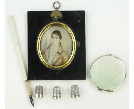 A 19th century portrait miniature on ivory, 
framed, 5.25" overall, an enamelled dip pen and compact and 3 plated thimbles.