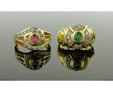 18ct gold emerald and diamond cluster ring, 
and 18ct tourmaline and diamond cluster ring, (2).