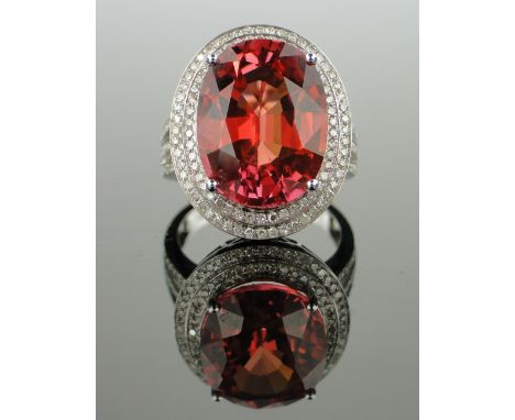 14ct white gold red sapphire and diamond ring,
sapphire approx. 13cts, total diamond content approx. 1.25cts, setting height 