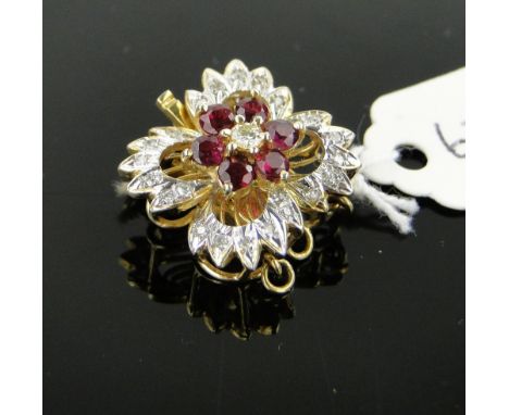 14ct gold ruby and diamond cluster necklace clasp, 
width 15mm.