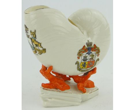 A large Goss Crested china nautilus shell,
with Isle of Man Crests, height 6".