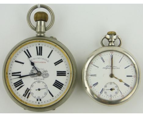 A nickel cased automobile regulator Goliath timepiece,
case width 65mm and a 19th century topwind pocket watch with steam tra
