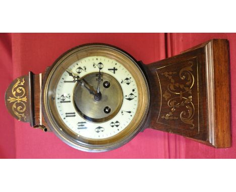 Mahogany balloon shaped mantel clock,
with 2-train movement, brass inlay, GWO, height 14".