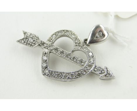 A platinum and diamond set Cupid heart and arrow design pendant,
arrow length 30mm.