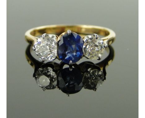 18ct gold 3 stone sapphire and diamond ring,
size L.