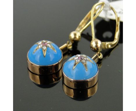 Pair of Victorian unmarked gold and blue enamel pendant earrings,
with ruby and diamond star centres, panels 11mm across.