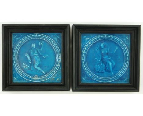 Pair of Victorian blue and white painted ceramic tiles,
Autumnus and Aestas, width 7.5"in modern ebonised frames.