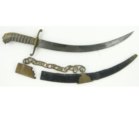 19th century naval dagger
with shagreen handle and leather scabbard with brass mounts, 16".