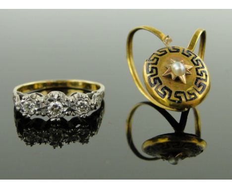 18ct gold 3 stone diamond ring,
and an unusual unmarked gold enamel and pearl pendant.