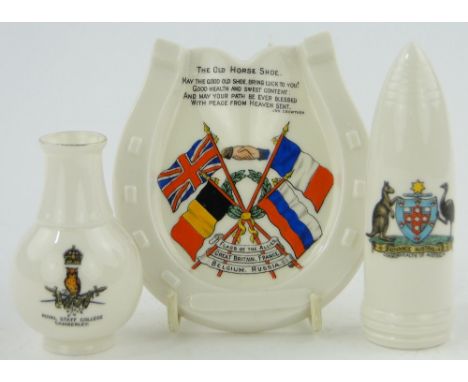 3 pieces of Goss Crested china,
including horseshoe shaped dish with flags of the allies, a model incendiary shell, (3).