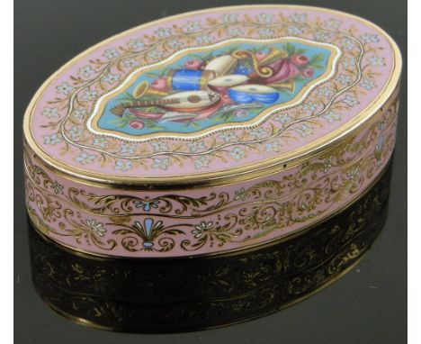A fine quality continental unmarked gold and enamel box of oval form,
decorated allover with painted enamel panels depicting 