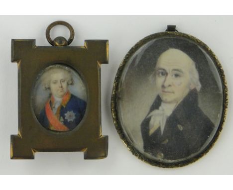 A 19th century miniature watercolour portrait on ivory,
depicting George III, unsigned, panel height 1.25" in brass frame tog