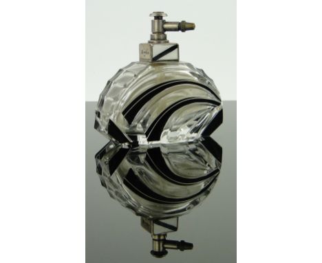 Art Deco black overlay cut-glass atomiser scent bottle,
with sterling silver and enamel top, length 8.5cm.