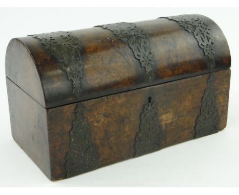 19th century burr walnut tea caddy
with engraved and pierced brass strap work decoration, length 12.25".