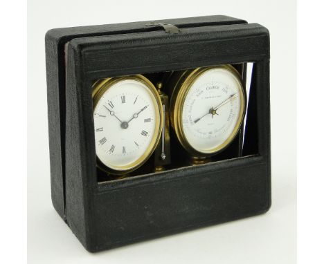 A 19th century French gilt brass double cased combination clock/barometer/thermometer,
on alabaster plinth base, width 6" in 