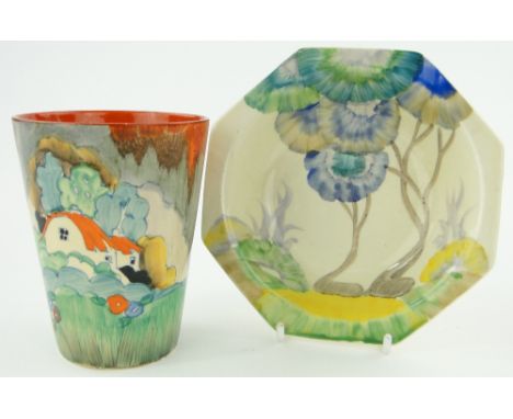 A Clarice Cliff Wilkinson beaker
with painted design of a cottage in a wood, 3.75" and a Clarice Cliff "Bizarre" bowl, (2).