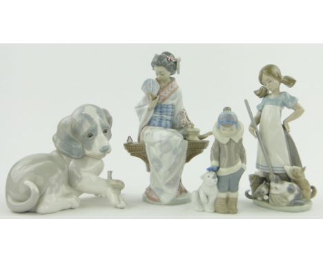 Lladro figure of a Japanese Geisha,
9.4" and 2 other figures and a Lladro puppy, (4).