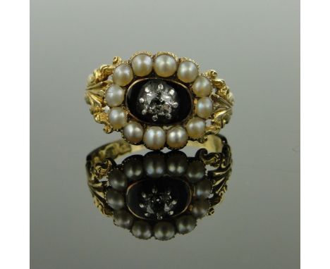 An early 19th century pearl, enamel and diamond ring,
with hair panel back, inscribed and dated 1837, 18ct gold settings, set