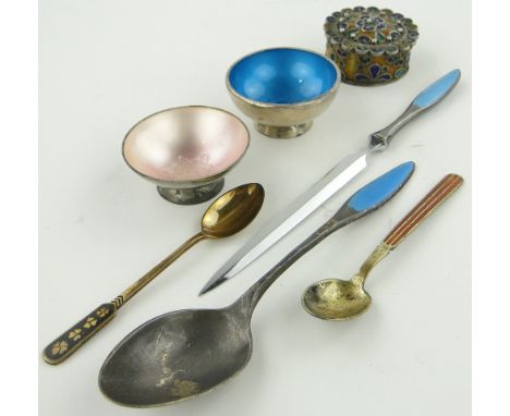 Various continental silver and enamel items,
including paperknife, circular box, etc.