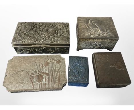 Five Japanese export cast-metal trinket boxes, largest 17cm wide.