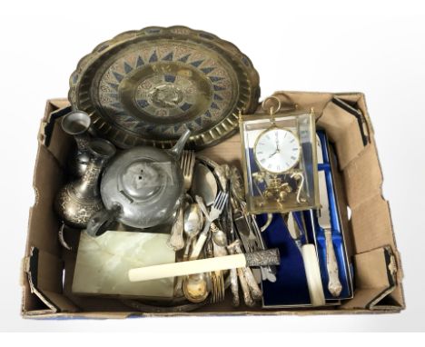 Assorted silver-plated cutlery, pair of Indian enameled vases, similar brass charger, onyx trinket box, a silver-mounted page