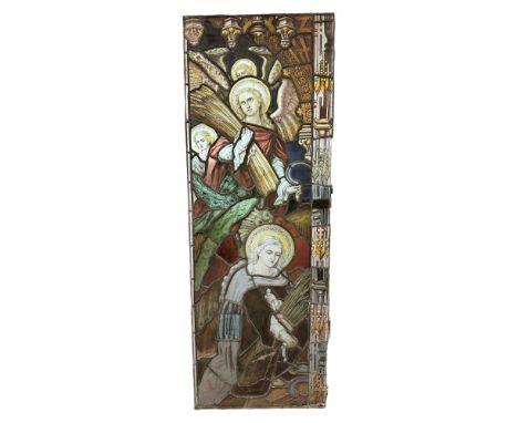 A stained glass window, an allegory of Matthew 13:39 'The Reapers are the Angels', winged saints holding sickles harvest whea