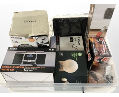 A group of home wares including Salter air fryer, Denver micro Hi-Fi system, lighting, etc. (1 box)