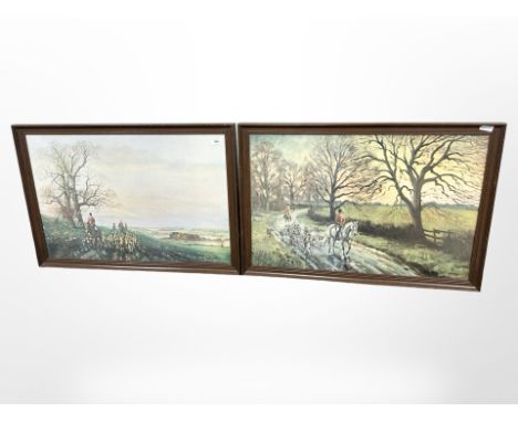 After Donald Ayres : Hunting scene, reproduction in colours, 49 cm x 75 cm, together with another similar after a different a