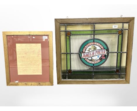 A stained glass panel : James H Porter (The Man who first brewed the World Famous Newcastle Brown Ale), 46 cm x 53 cm, togeth