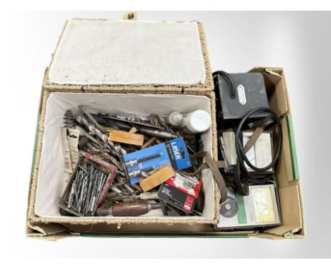 A quantity of drill bits and vintage carpentry tools, Megger tester, etc. (1 box)