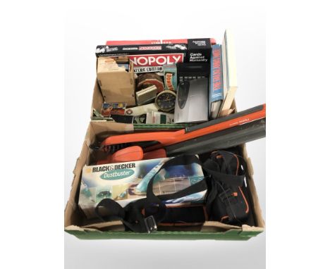 A group of Flymo tools, hand-held vacuum, digital clock radio, assorted board games, dominoes, a Tri-ang control unit, calcul