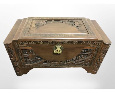 A Chinese carved camphor wood chest, 93cm w x 49cm d x 52cm h. 