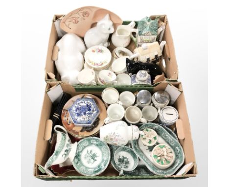 A Spode Green Camilla part dinner service, Windsor bone china part tea set, various teapots, collector's plates, etc. (2 boxe