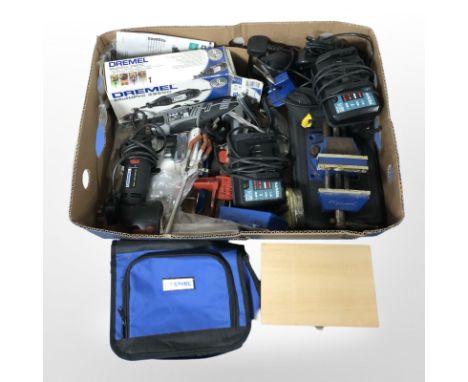 A quantity of hand and power tools, battery chargers, vices, boxed dremel, etc. (1 box)