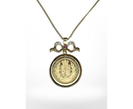 A half sovereign 2002 in pendant mount with diamond and ruby-set ribbon, on chain. CONDITION REPORT: 12.3g gross. 