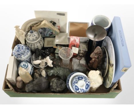 Assorted oriental porcelain ginger jars, sleeve vase, carved soapstone figure of a hippo, other ornaments, collector's plates