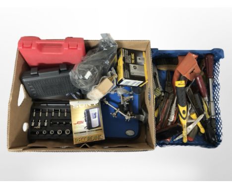 A group of hand tools, socket set, Sony and Sanyo cassette recorders in boxes, etc. (2 boxes)