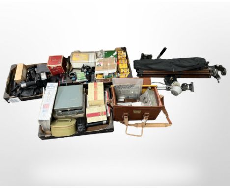 A large quantity of photographic accessories and parts to include Rollei flash, Rollei Club magazines, resin coated photograp