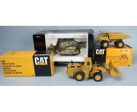 Norscott no.55062, 1/50th scale model of a Cat D11R Track-Type Tractor and two NZG 1/50th scale models: no.167 Cat 988c Wheel