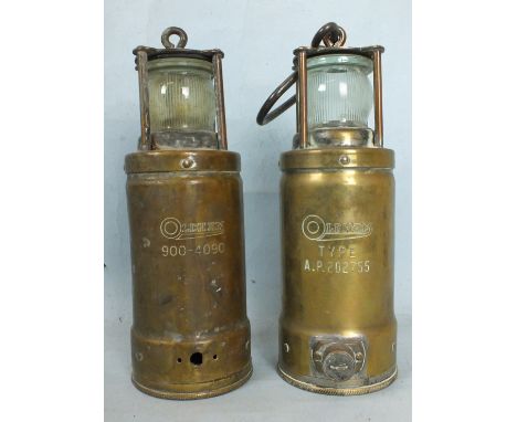 An Oldhams 900-4090 brass miner's lamp and another, type AP202755, (2).