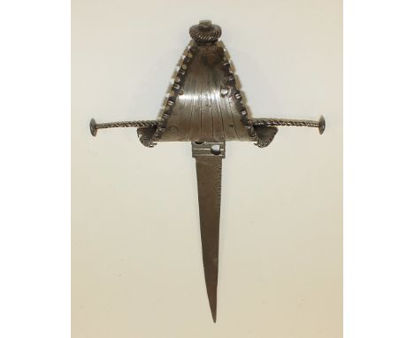 A 17th century Spanish-style steel parrying dagger with characteristic long twist quillons, triangular knuckle guard with tur