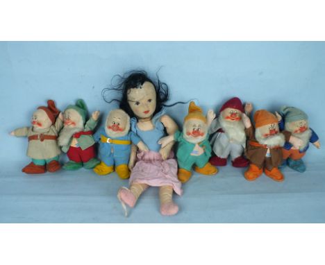 Chad Valley, Snow White and the Seven Dwarfs with pressed felt faces, felt and cotton clothing (one arm and one hat missing),